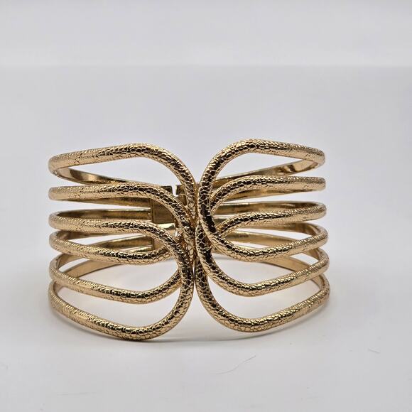 Front Open Gold Tone Textured Metal Hinged Fashion Wide Cuff Bracelet - Picture 9 of 9